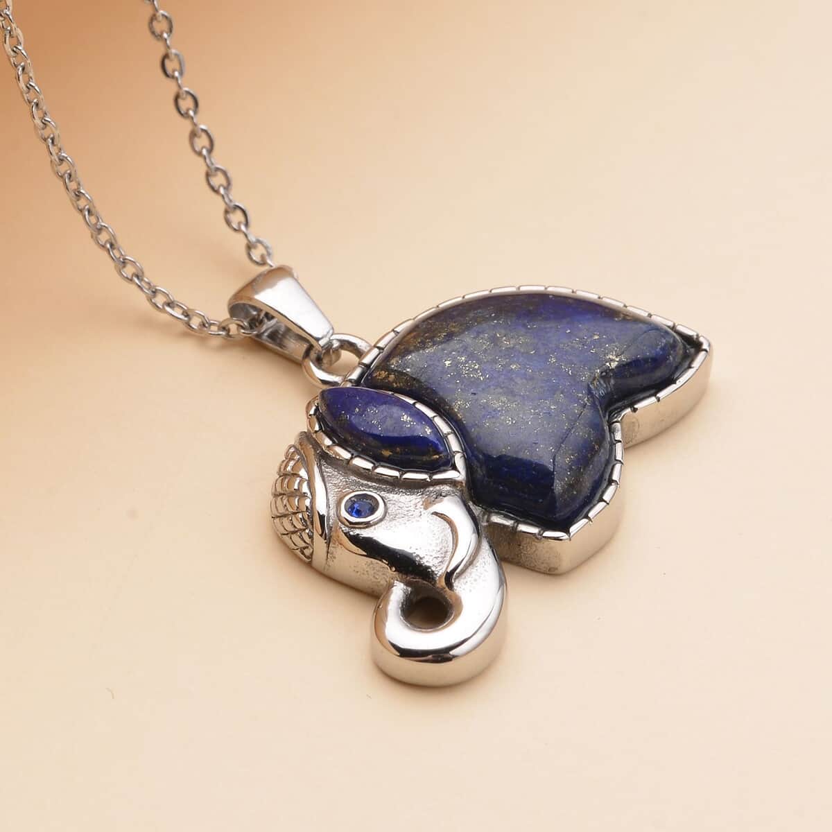 Lapis Lazuli and Blue Austrian Crystal Elephant Pendant Necklace 20 Inches in Stainless Steel 5.00 ctw image number 1