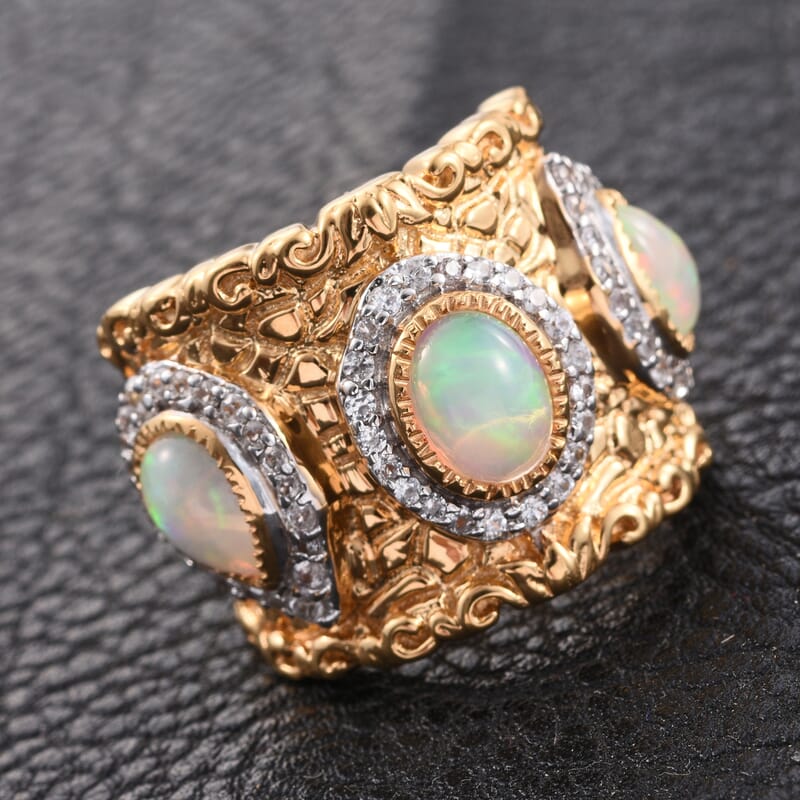 Ethiopian Welo Opal and Cambodian Zircon Ring in 14K Yellow Gold Over Sterling Silver (Size 7.0) 13.10 ctw
