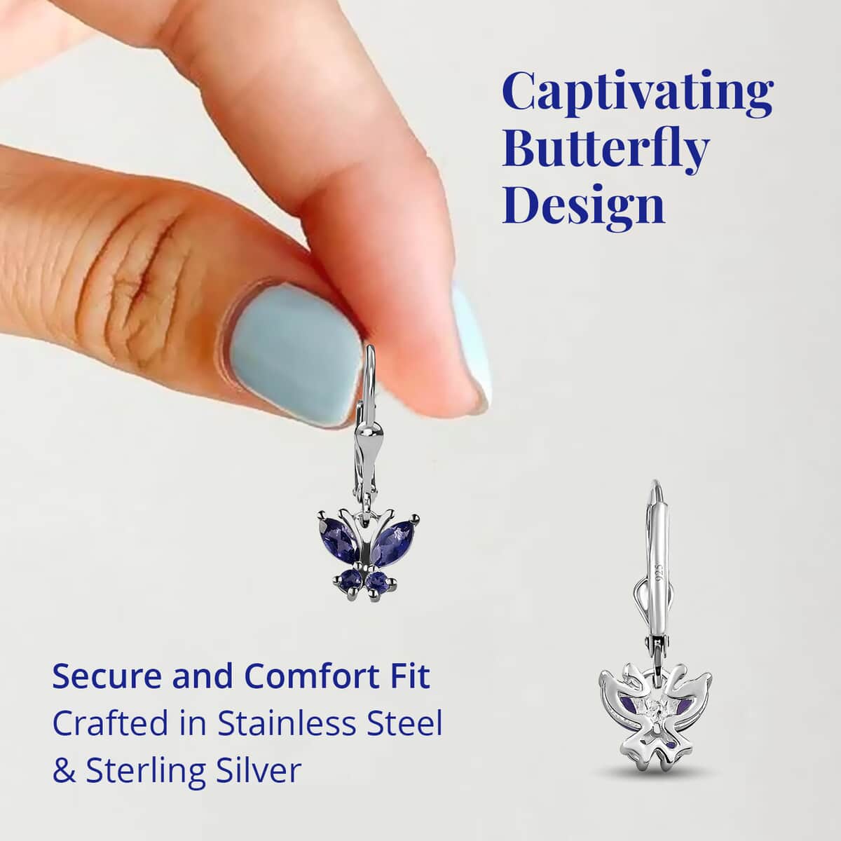 Catalina Iolite Earrings | Butterfly Earrings| Stainless Steel & Sterling Silver Earrings| Iolite Butterfly Earrings 0.75 ctw image number 3