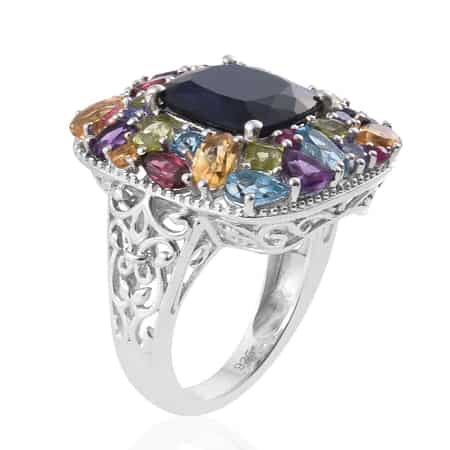 Kanchanaburi Blue Sapphire, Multi Gemstone Platinum Over Sterling Silver Ring (Size 7.0) 11.11 ctw image number 2