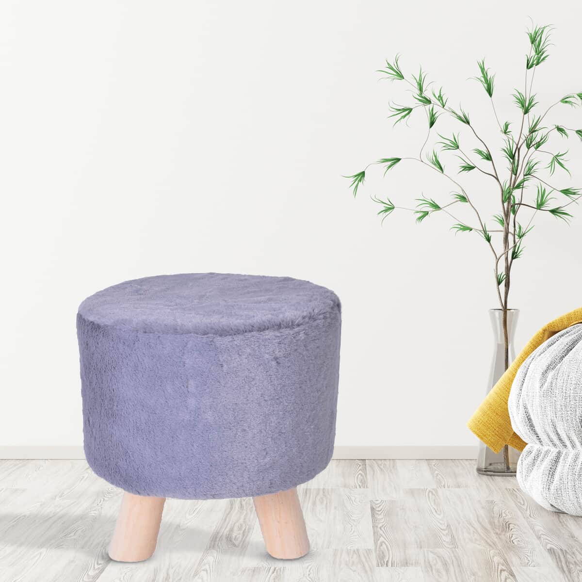 Gray Faux Fur Round Wooden Stool image number 0