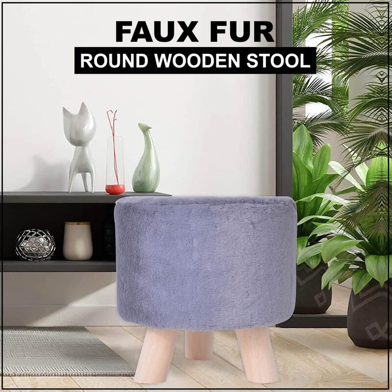 Faux Fur Gray Round Foot Stool Ottoman- 3 Wooden Legs- Best Stool for Living Room/Bedroom/Dressing Room/Drawing Room- Soft Plush Fabric