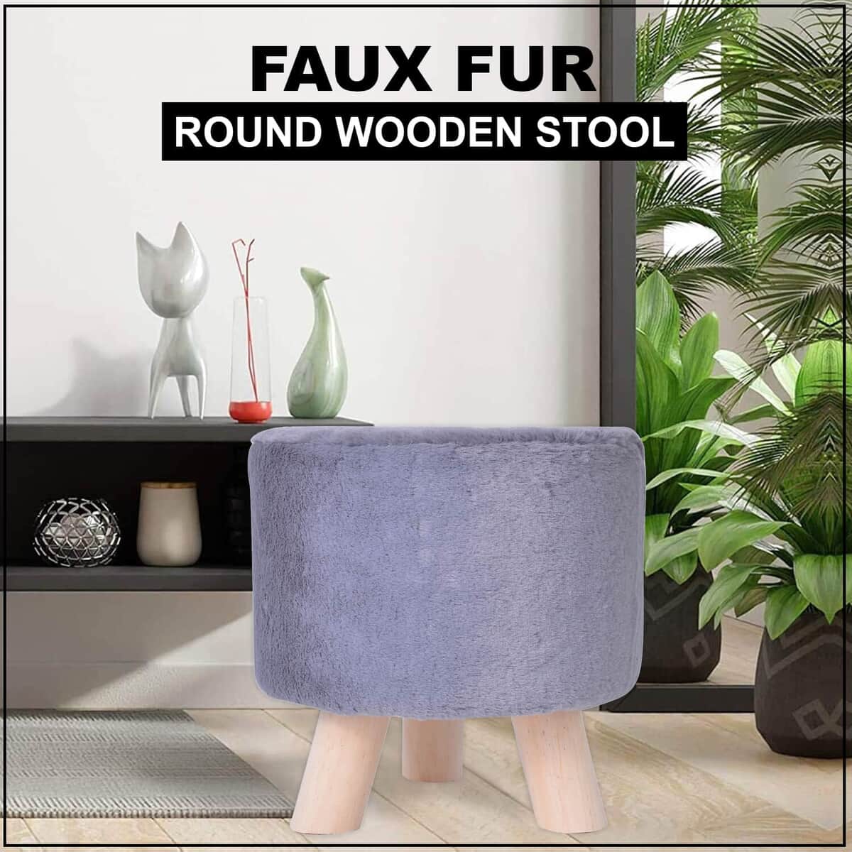 Gray Faux Fur Round Wooden Stool image number 1