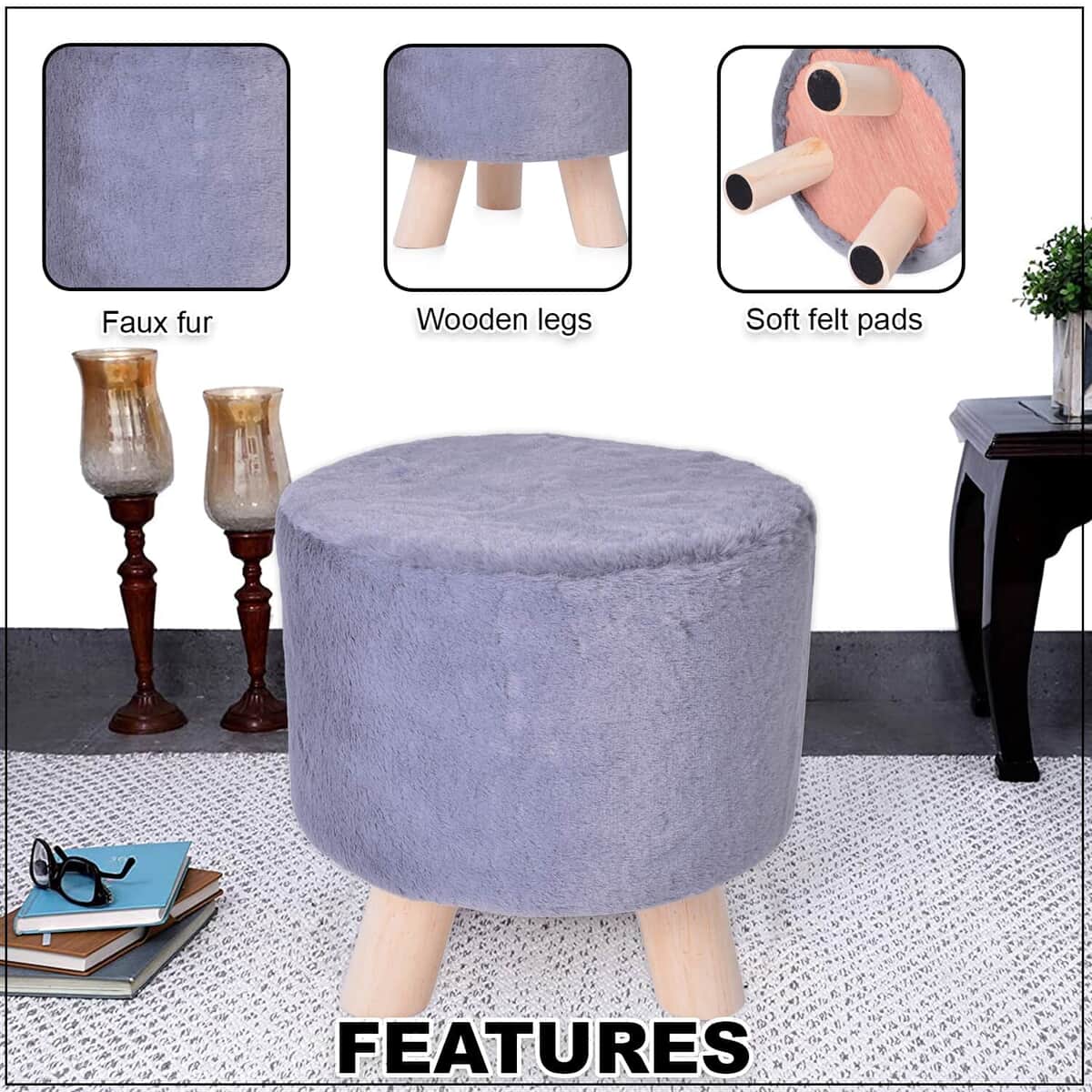 Faux Fur Gray Round Foot Stool Ottoman- 3 Wooden Legs- Best Stool for Living Room/Bedroom/Dressing Room/Drawing Room- Soft Plush Fabric image number 2