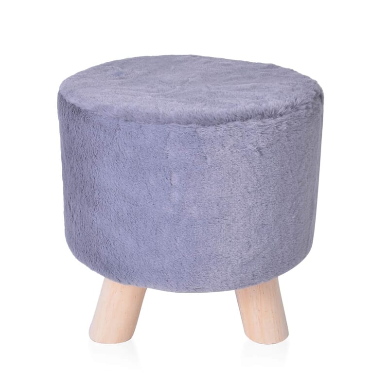 Faux Fur Gray Round Foot Stool Ottoman- 3 Wooden Legs- Best Stool for Living Room/Bedroom/Dressing Room/Drawing Room- Soft Plush Fabric