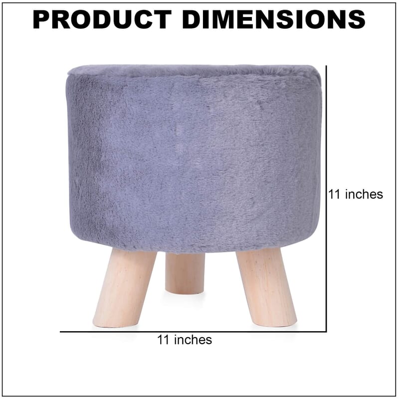 Faux Fur Gray Round Foot Stool Ottoman- 3 Wooden Legs- Best Stool for Living Room/Bedroom/Dressing Room/Drawing Room- Soft Plush Fabric