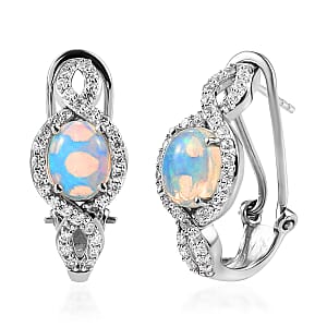 AA Ethiopian Welo Opal and White Zircon Omega Clip Earrings in Platinum Over Sterling Silver 3.50 ctw