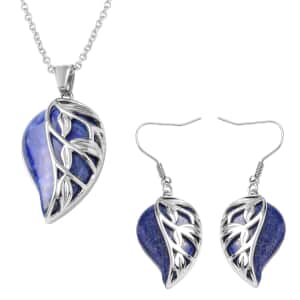 Lapis Lazuli Leaf Earrings Pendant Necklace in Stainless Steel, Solitaire Pendant, Solitaire Earrings for Women 70.00 ctw
