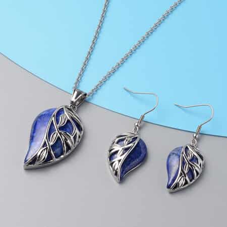 Lapis Lazuli Leaf Earrings Pendant Necklace in Stainless Steel, Solitaire Pendant, Solitaire Earrings for Women 70.00 ctw image number 1