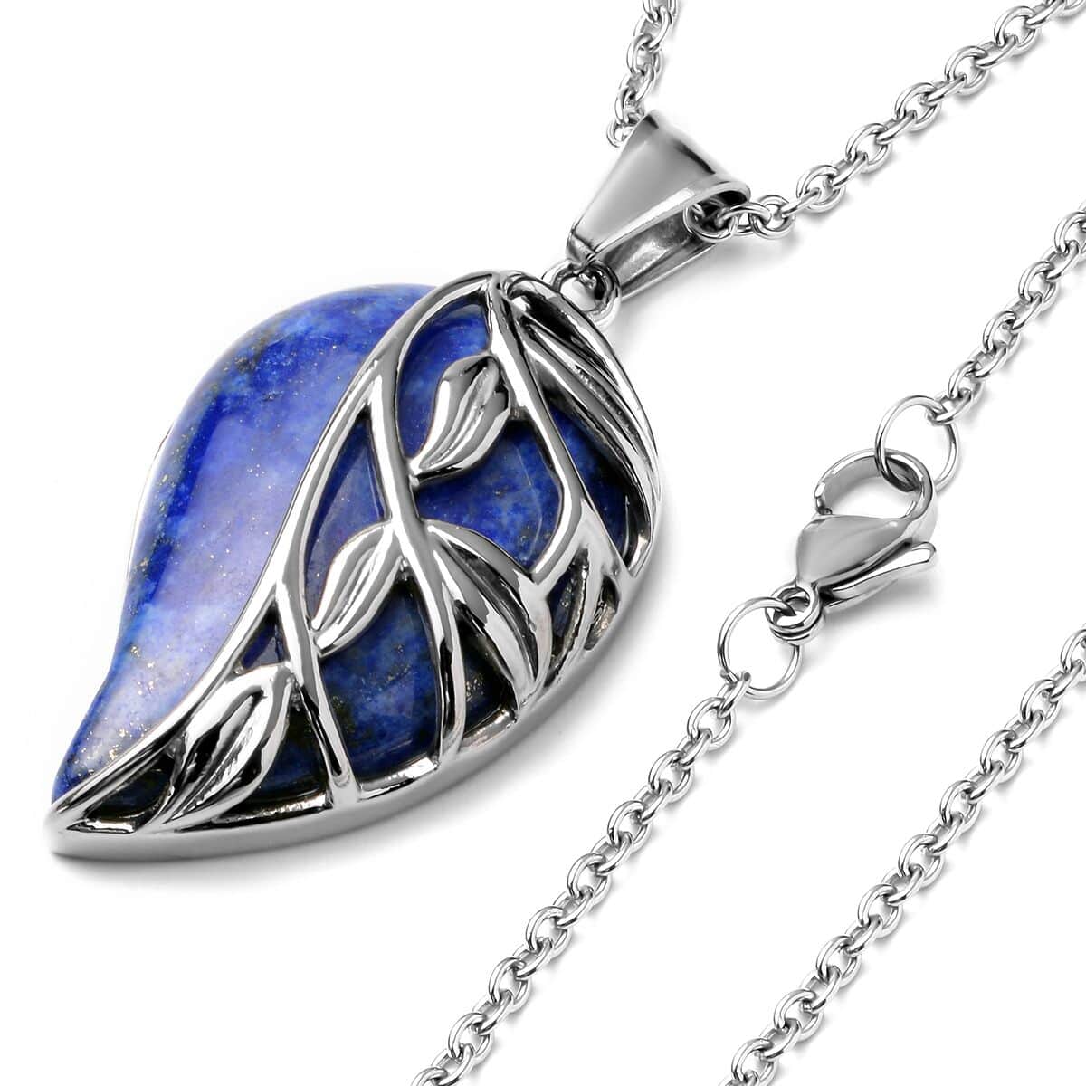 Lapis Lazuli Leaf Earrings Pendant Necklace in Stainless Steel, Solitaire Pendant, Solitaire Earrings for Women 70.00 ctw image number 2