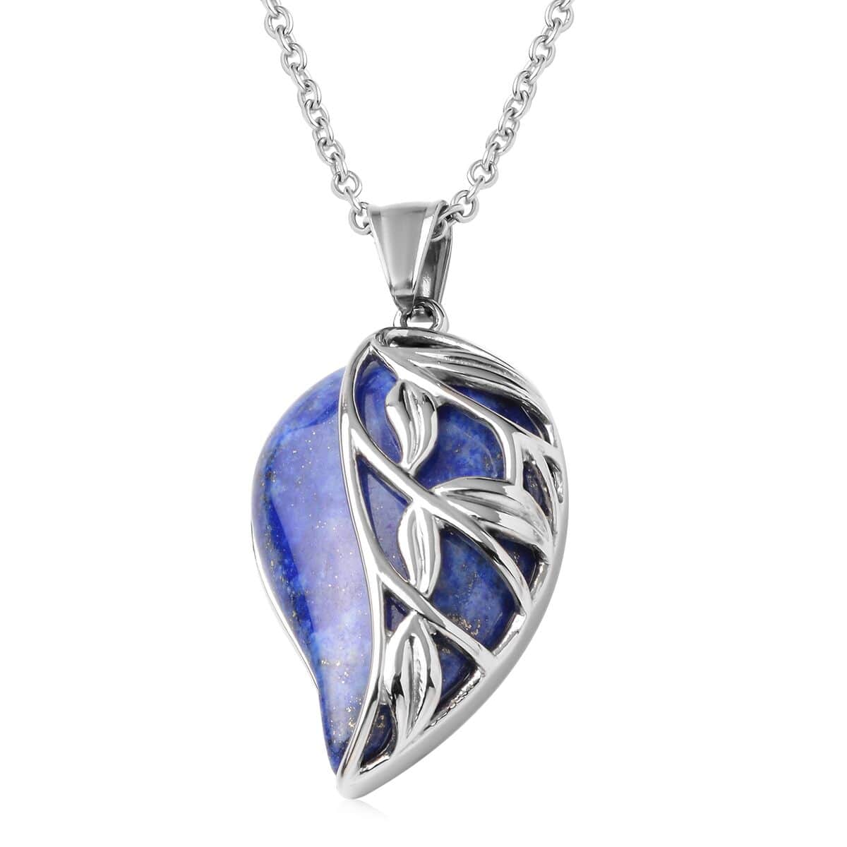 Lapis Lazuli Leaf Earrings Pendant Necklace in Stainless Steel, Solitaire Pendant, Solitaire Earrings for Women 70.00 ctw image number 3