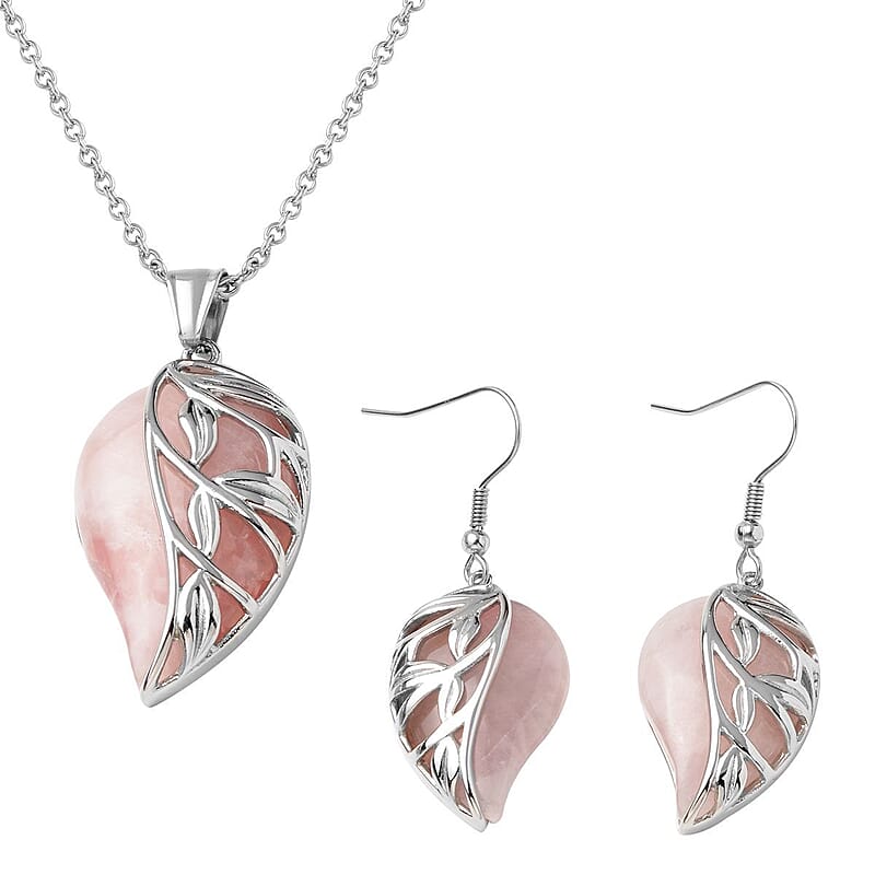 Galilea Rose Quartz Earrings Pendant Necklace in Stainless Steel, Solitaire Pendant, Solitaire Earrings for Women 70.00 ctw