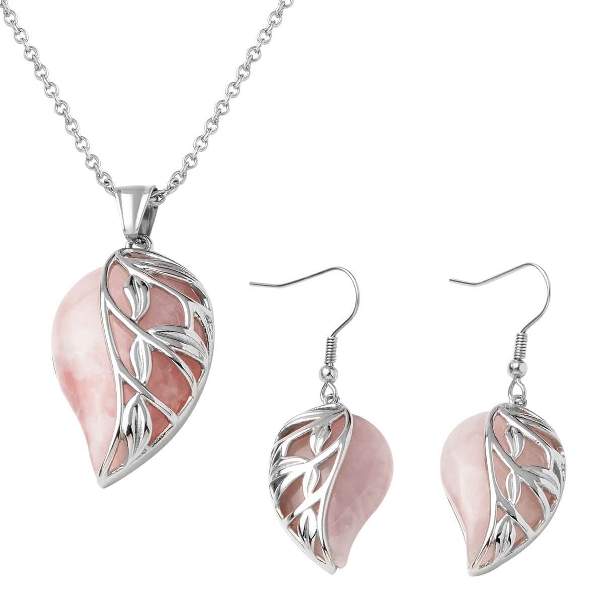 Galilea Rose Quartz Earrings Pendant Necklace in Stainless Steel, Solitaire Pendant, Solitaire Earrings for Women 70.00 ctw image number 0