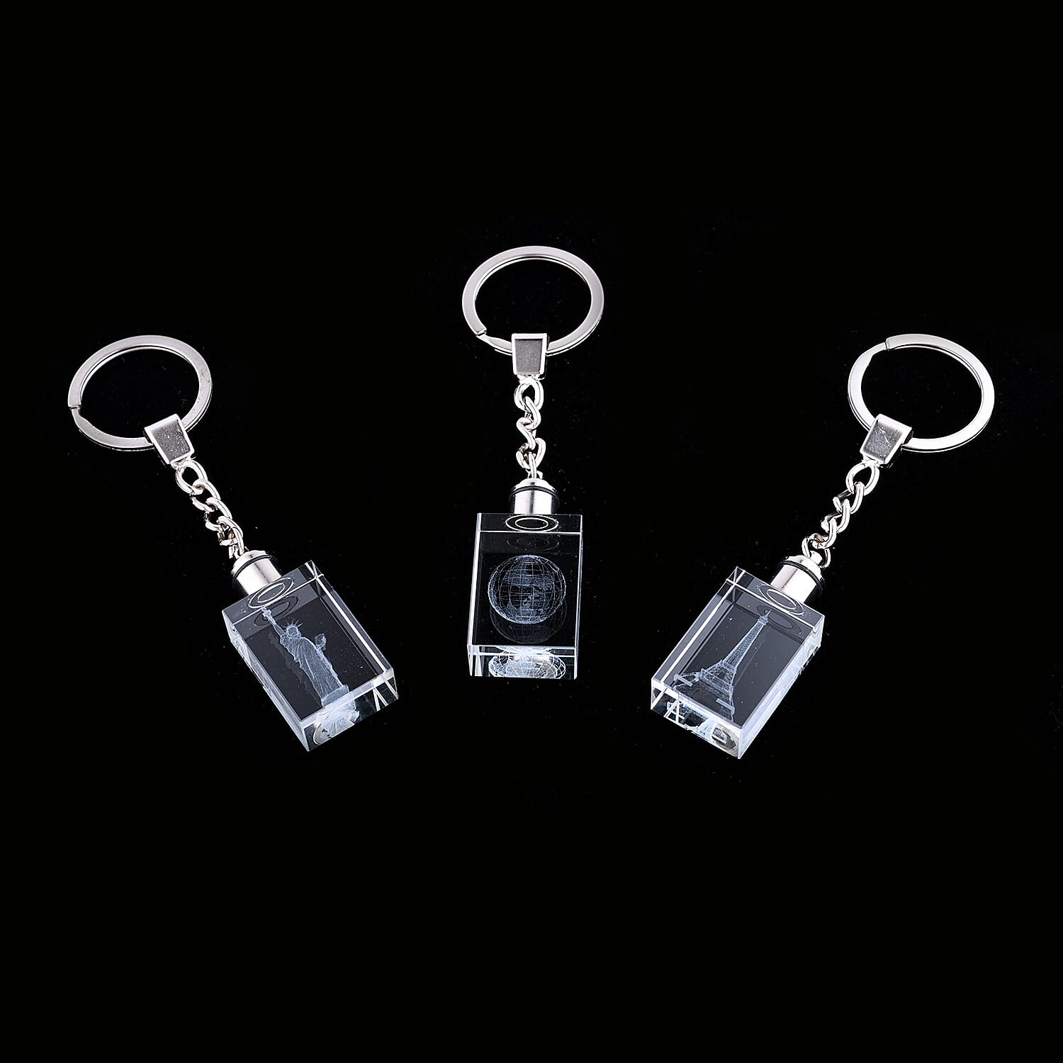 Set of 3 Earth, Statue of Liberty and Eiffel Tower Crystal Keychains with LED Light