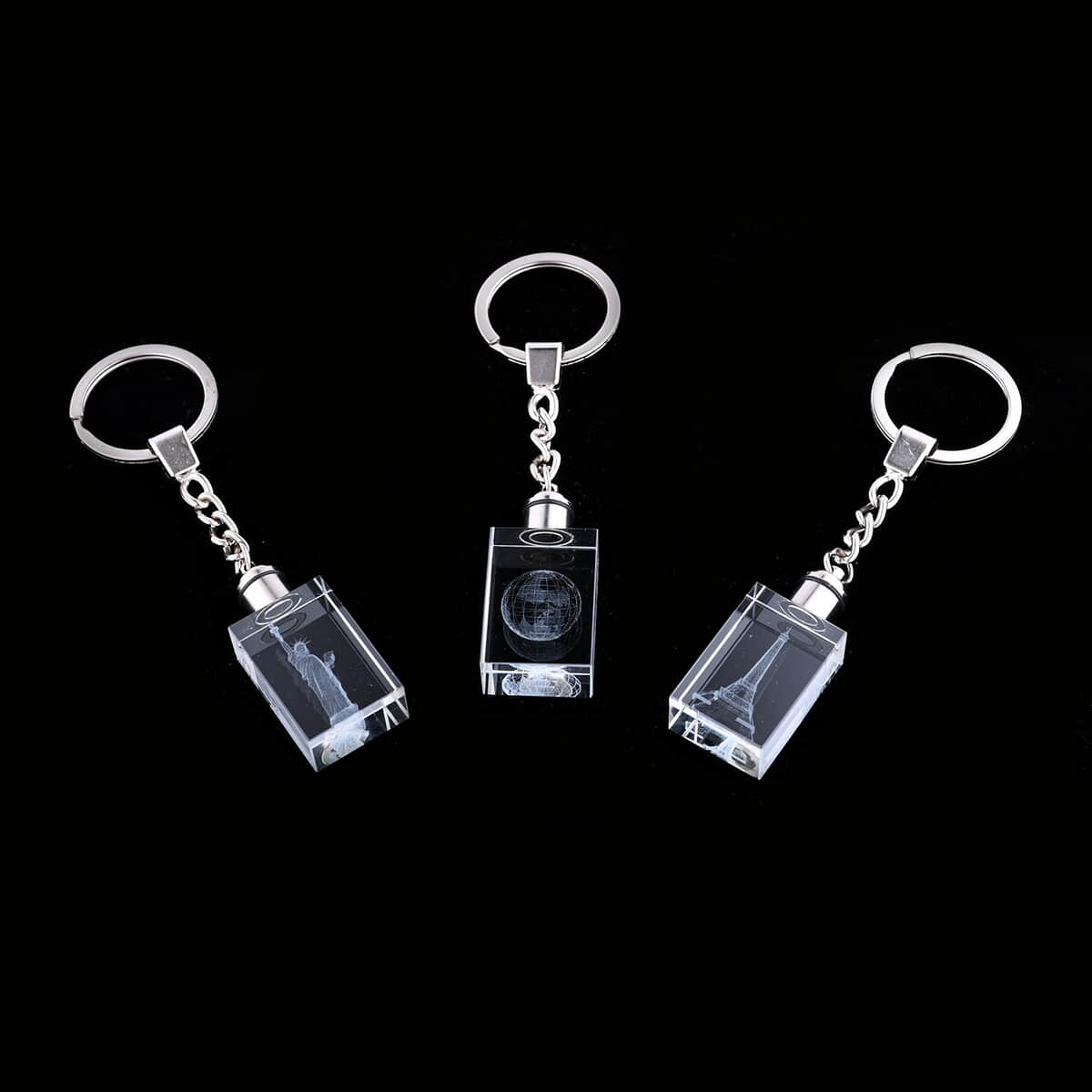 Set of 3 Earth, Statue of Liberty and Eiffel Tower Crystal Keychains with LED Light image number 0