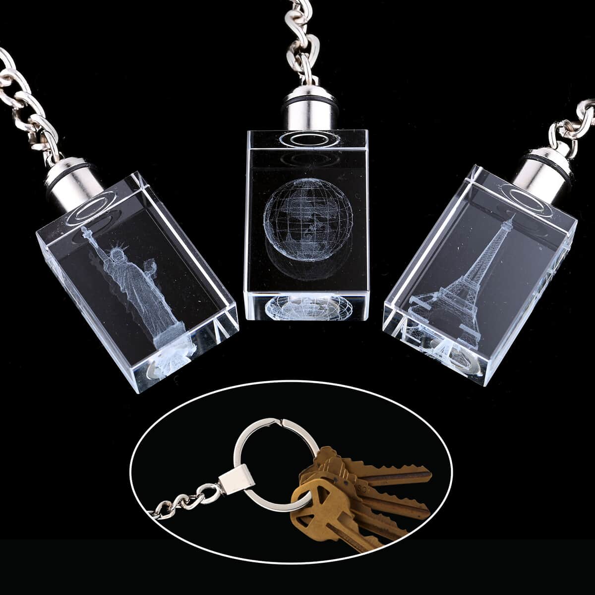 Set of 3 Earth, Statue of Liberty and Eiffel Tower Crystal Keychains with LED Light image number 1