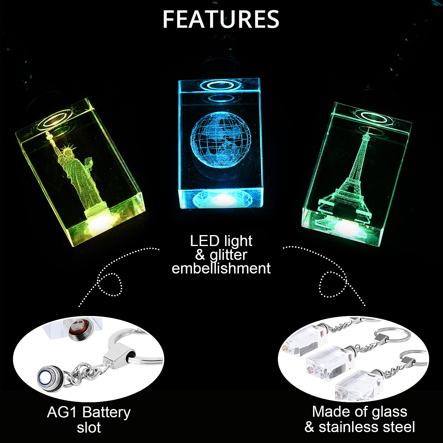 Set of 3 Earth, Statue of Liberty and Eiffel Tower Crystal Keychains with LED Light