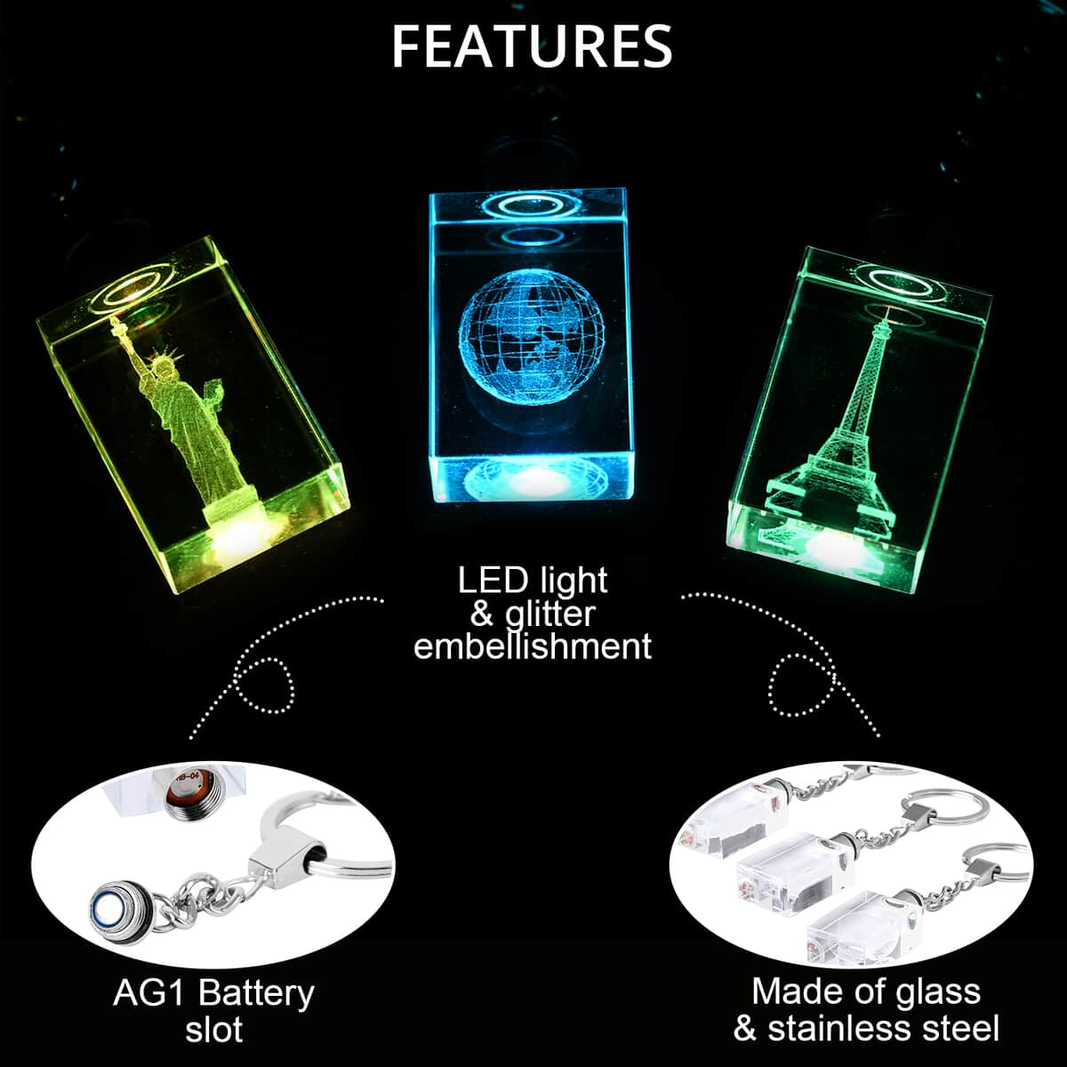 Set of 3 Earth, Statue of Liberty and Eiffel Tower Crystal Keychains with LED Light image number 2