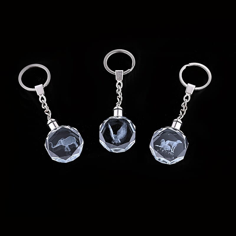 Set of 3 Elephant, Eagle and Dog Crystal Keychains with LED Light