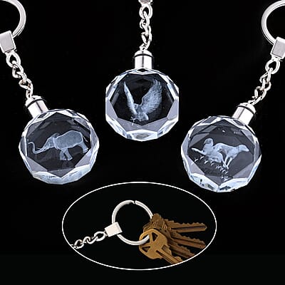 Set of 3 Elephant, Eagle and Dog Crystal Keychains with LED Light