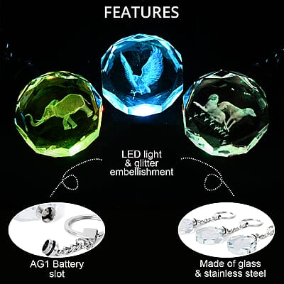 Set of 3 Elephant, Eagle and Dog Crystal Keychains with LED Light