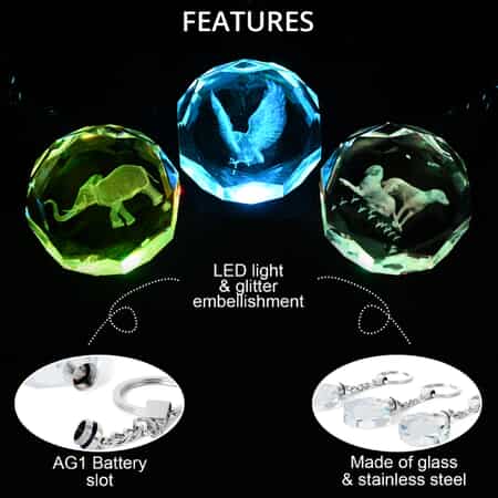 Set of 3 Elephant, Eagle and Dog Crystal Keychains with LED Light image number 2