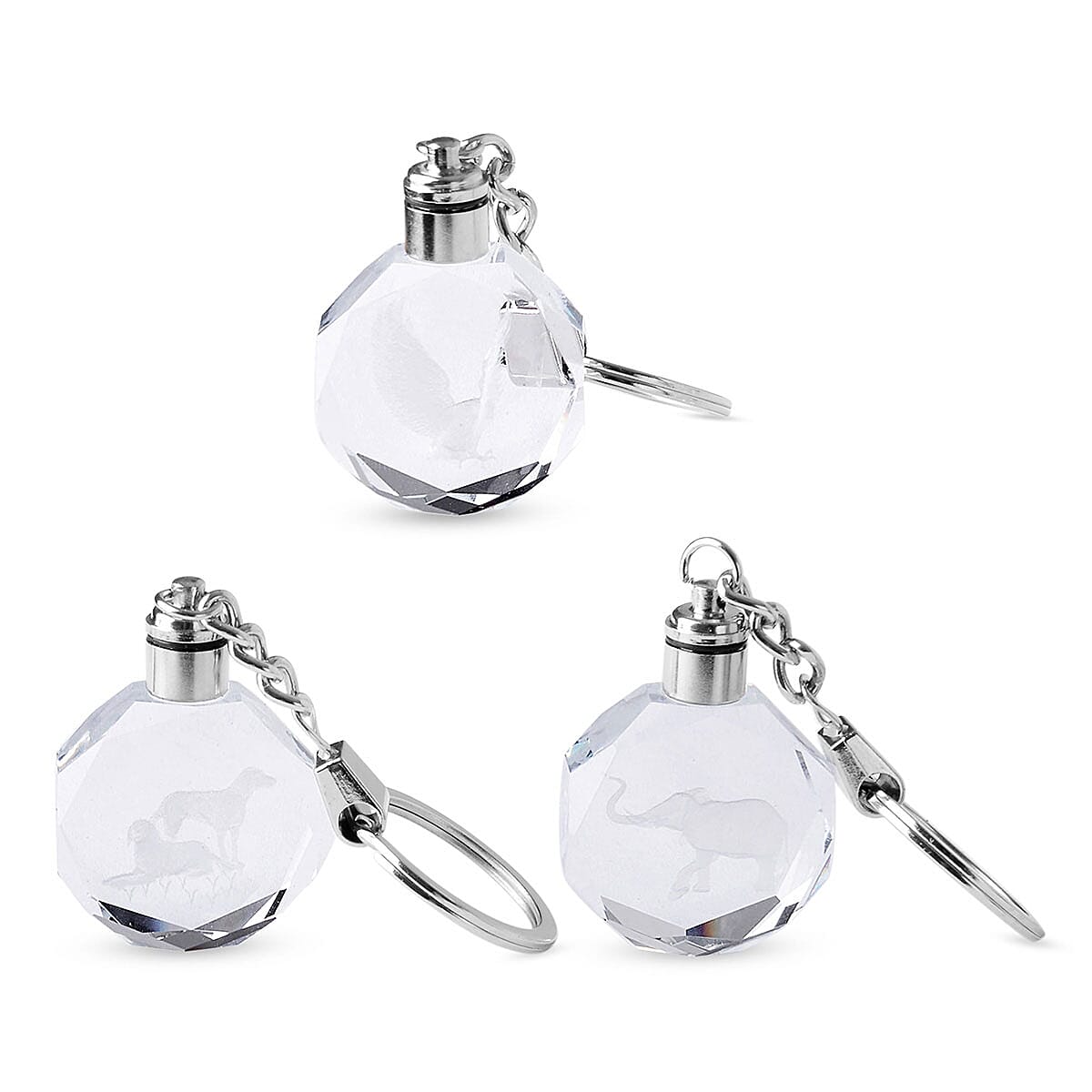 Set of 3 Elephant, Eagle and Dog Crystal Keychains with LED Light