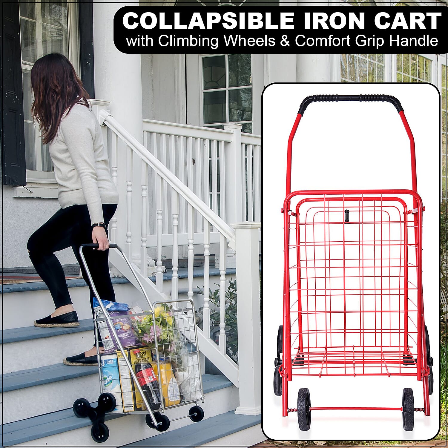 Red Collapsible Iron Cart with Climbing Wheels and Comfort Grip Handle