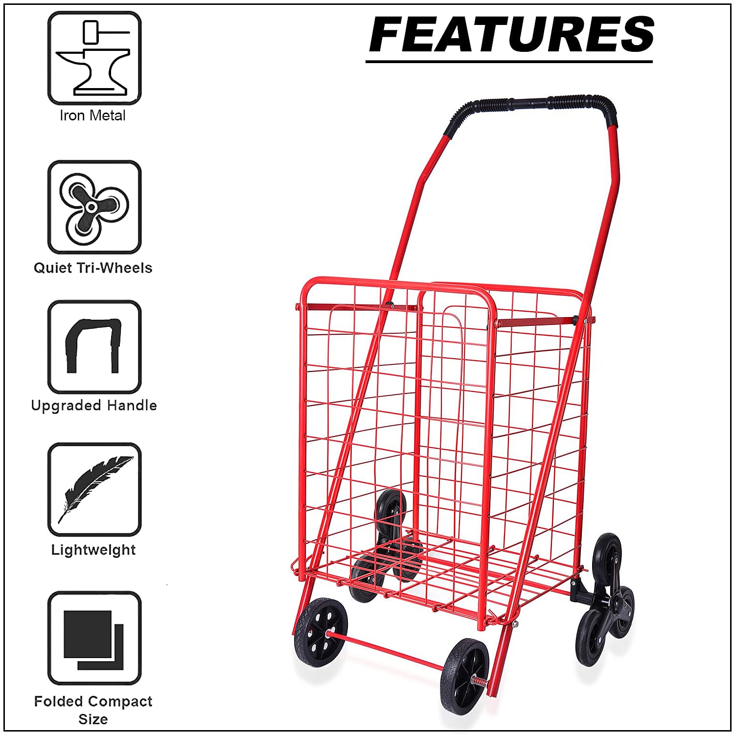 Red Collapsible Iron Cart with Climbing Wheels and Comfort Grip Handle