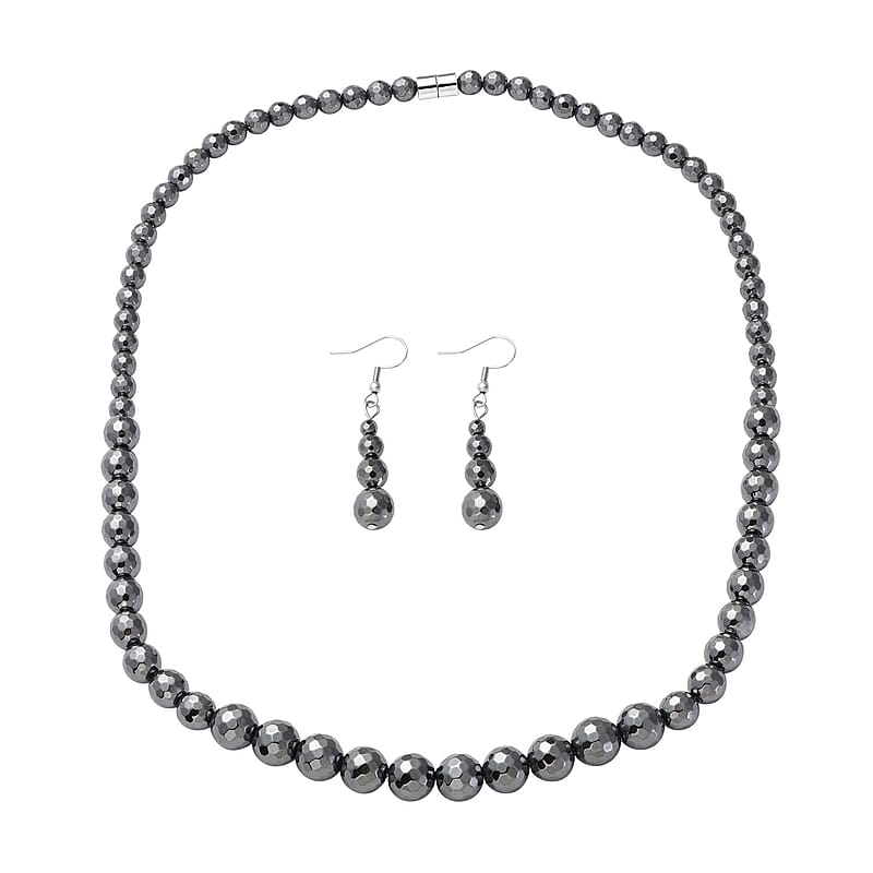 Black Hematite 429.50 ctw Beaded Drop Earrings and Necklace 20 Inches in Stainless Steel