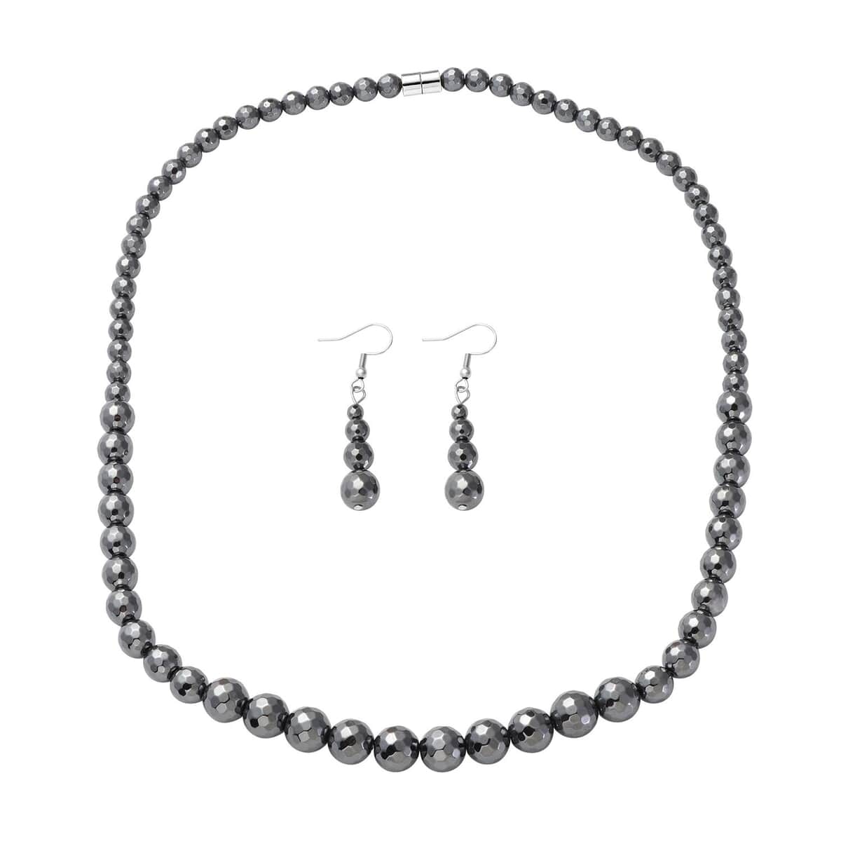 429.50 ctw Black Hematite Beads Drop Earrings and Necklace 20 inch in Stainless Steel image number 0