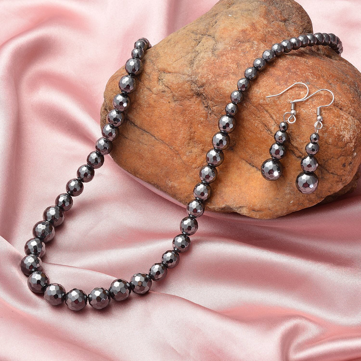 Black Hematite 429.50 ctw Beaded Drop Earrings and Necklace 20 Inches in Stainless Steel