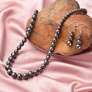 Black Hematite 429.50 ctw Beaded Drop Earrings and Necklace 20 Inches in Stainless Steel