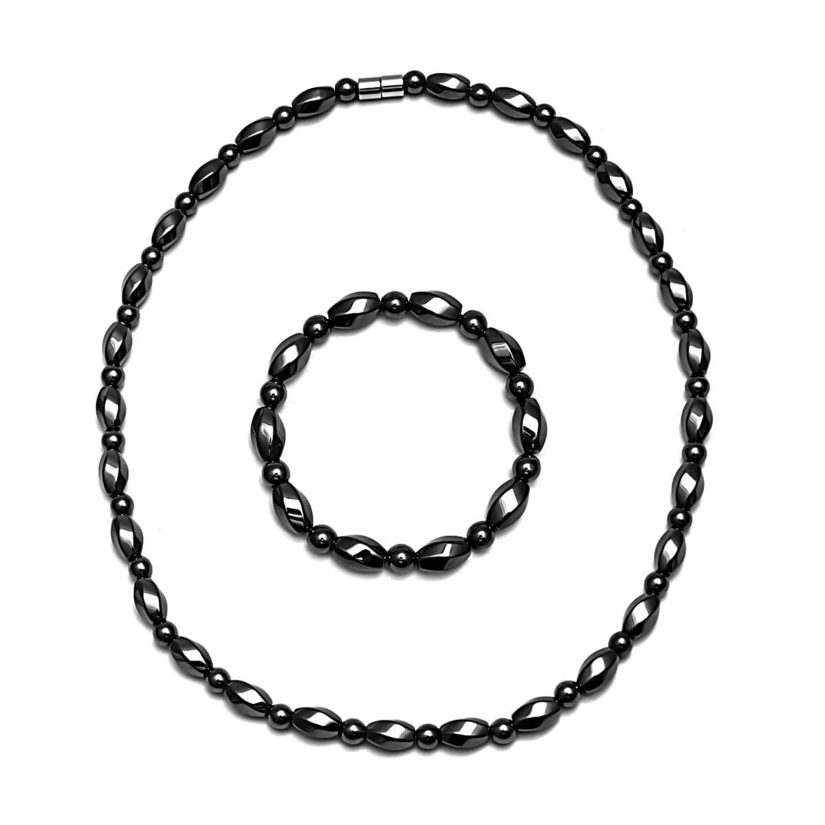 Hematite Beaded Stretch Bracelet and Necklace with Magnetic Clasp (20.00 Inches) in Silvertone 599.50 ctw image number 0