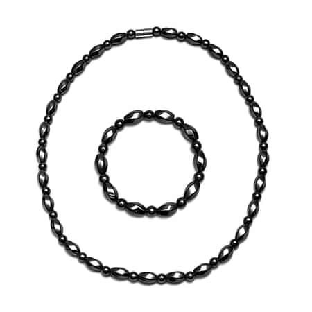 Hematite Beaded Stretch Bracelet and Necklace with Magnetic Clasp (20.00 Inches) in Silvertone 599.50 ctw image number 0
