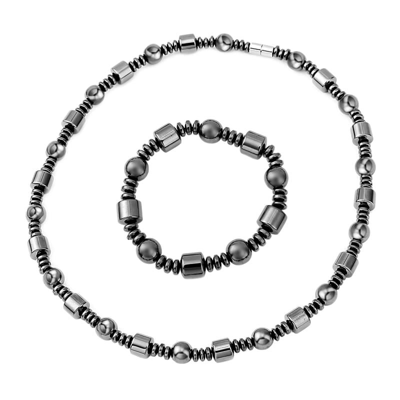 Hematite Beaded Stretch Bracelet and Necklace with Magnetic Clasp 20 Inches in Silvertone 840.00 ctw