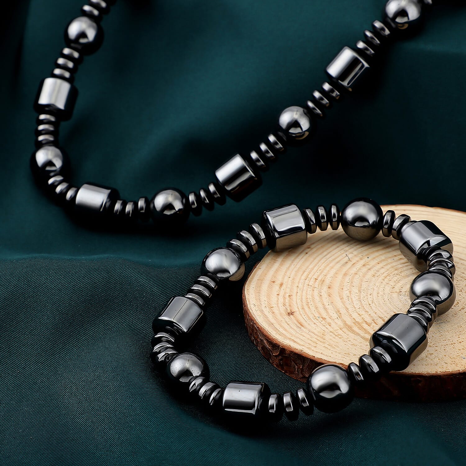 Hematite Beaded Stretch Bracelet and Necklace with Magnetic Clasp 20 Inches in Silvertone 840.00 ctw