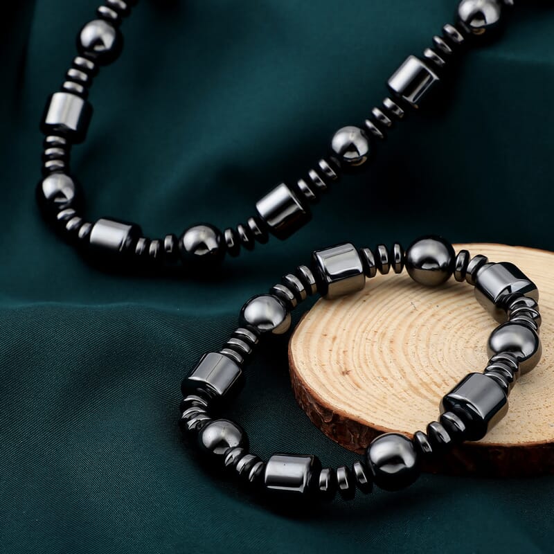 Hematite Beaded Stretch Bracelet and Necklace with Magnetic Clasp 20 Inches in Silvertone 840.00 ctw