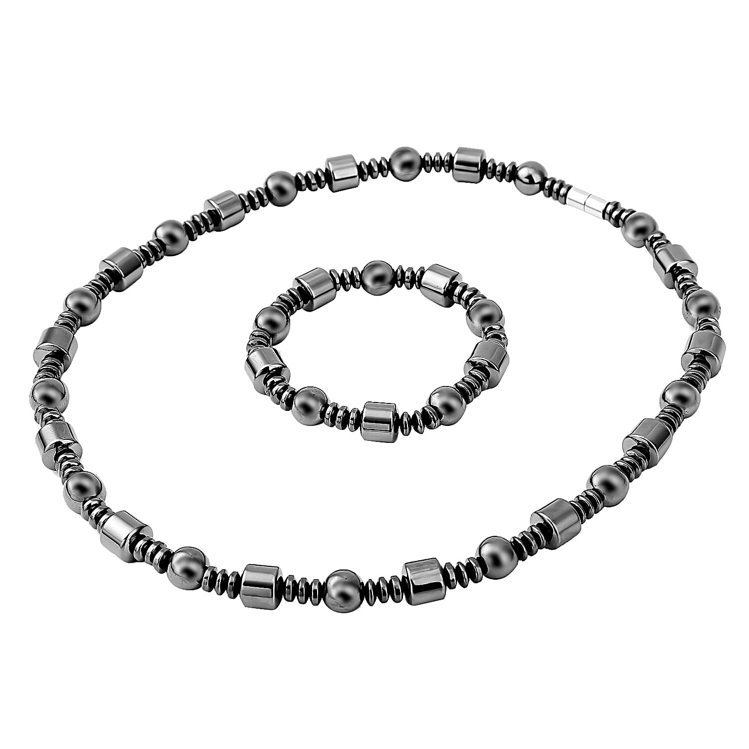 Hematite Beaded Stretch Bracelet and Necklace with Magnetic Clasp 20 Inches in Silvertone 840.00 ctw