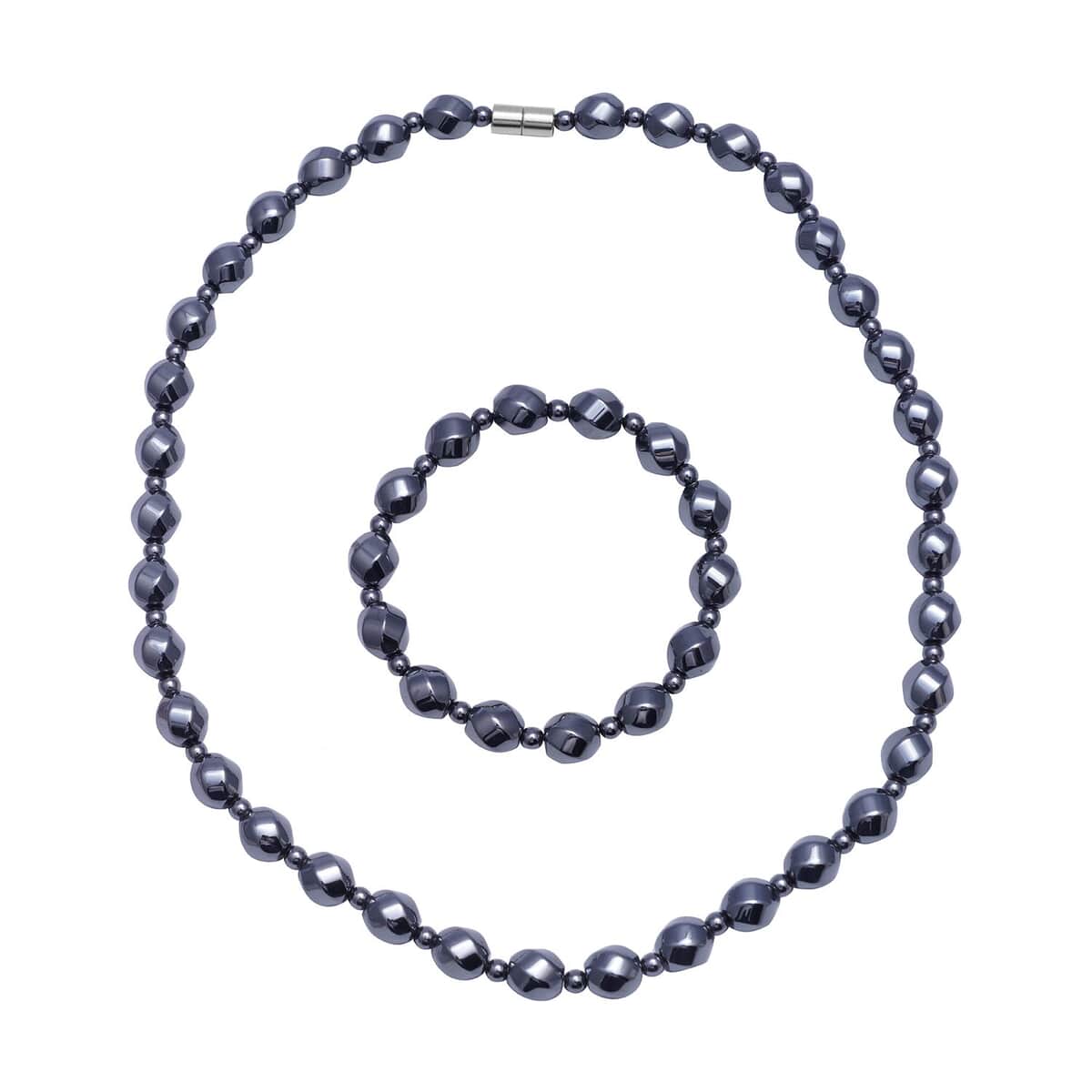 Hematite Beaded Stretch Bracelet and Necklace with Magnetic Clasp 20 Inches in Silvertone 802.00 ctw image number 0