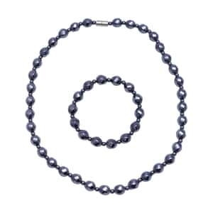 Hematite Beaded Stretch Bracelet and Necklace with Magnetic Clasp 20 Inches in Silvertone 802.00 ctw