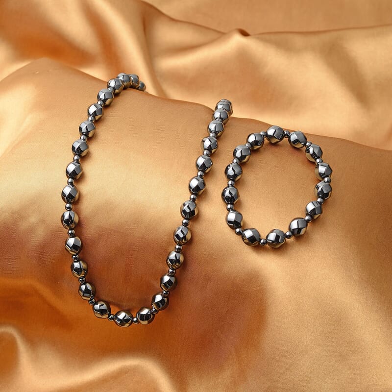 Hematite Beaded Stretch Bracelet and Necklace with Magnetic Clasp 20 Inches in Silvertone 802.00 ctw