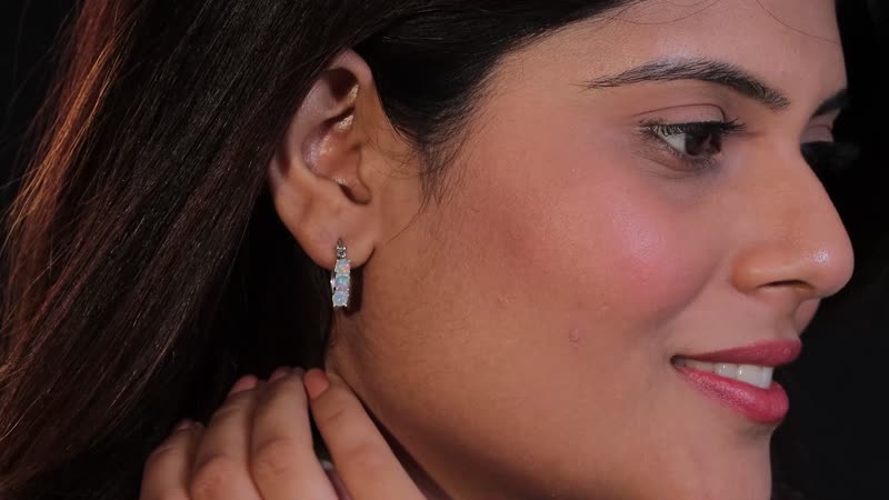 D'Joy Premium Ethiopian Earrings in Platinum Over Sterling Silver, Welo Opal Jewelry, Opal Silver Hoops 1.15 ctw