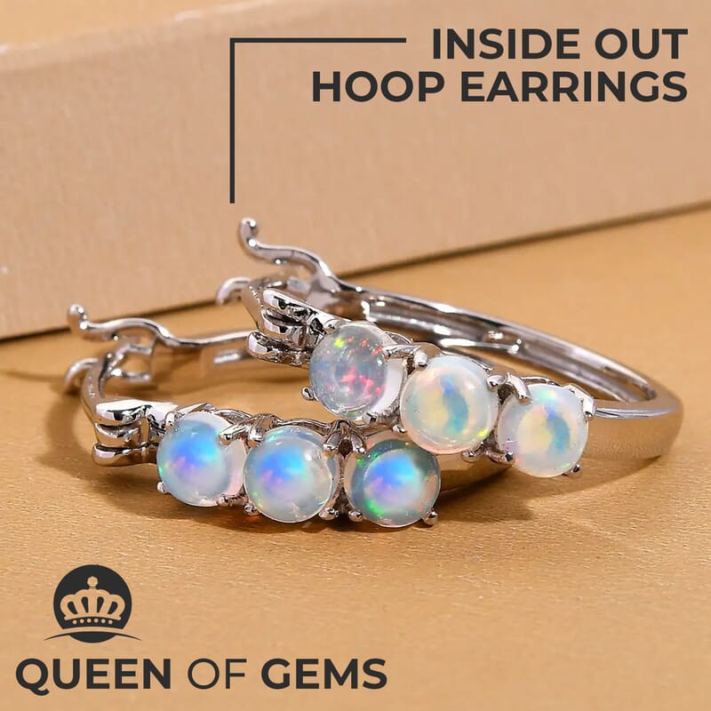 D'Joy Premium Ethiopian Earrings in Platinum Over Sterling Silver, Welo Opal Jewelry, Opal Silver Hoops 1.15 ctw