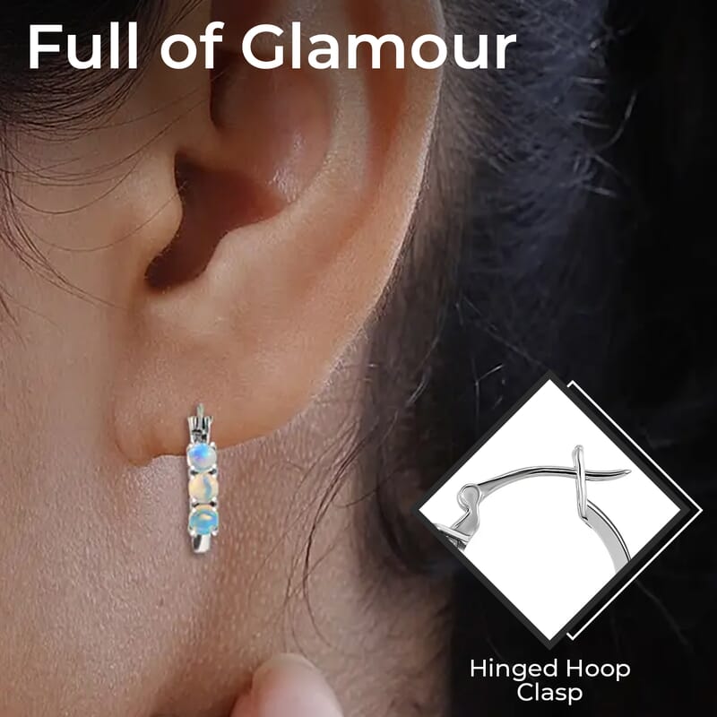 D'Joy Premium Ethiopian Earrings in Platinum Over Sterling Silver, Welo Opal Jewelry, Opal Silver Hoops 1.15 ctw