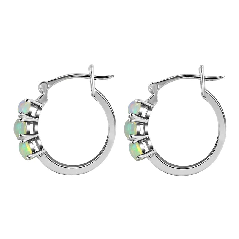 D'Joy Premium Ethiopian Earrings in Platinum Over Sterling Silver, Welo Opal Jewelry, Opal Silver Hoops 1.15 ctw