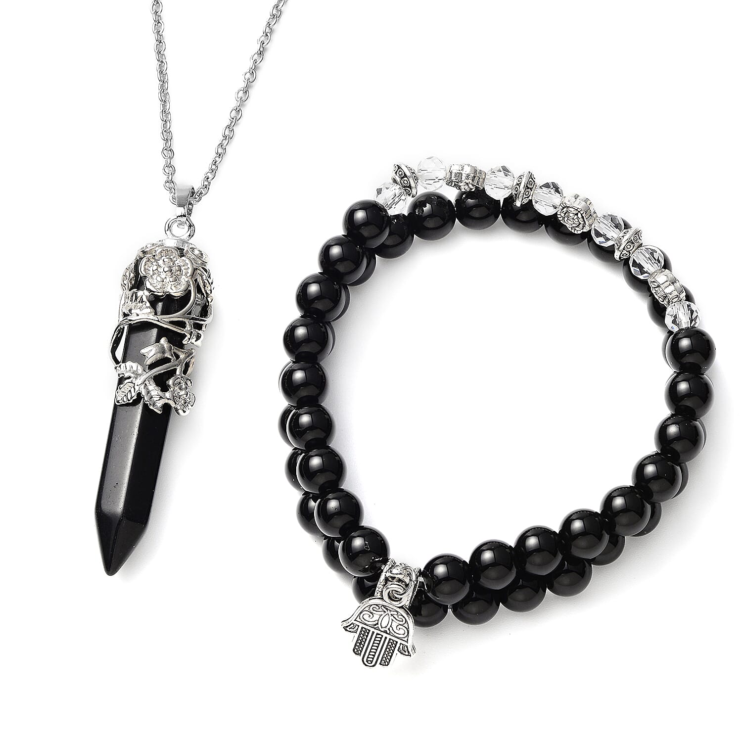 Set of 3 Black Agate, Black and White Chroma Stretch Bracelets and Pointer Pendant Necklace 24 Inches in Black Oxidized Silvertone & Stainless Steel 168.00 ctw
