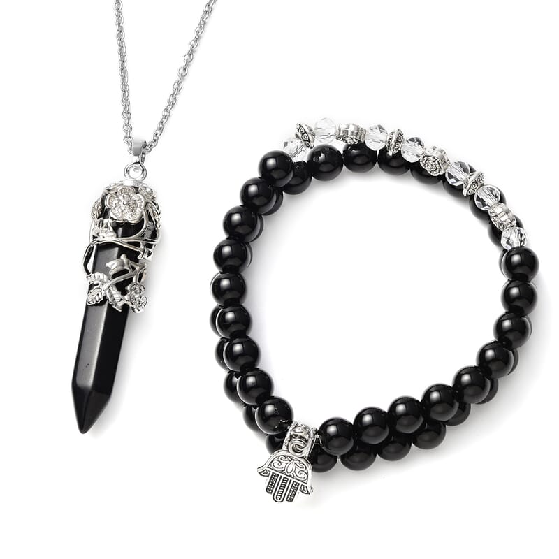 Set of 3 Black Agate, Black and White Chroma Stretch Bracelets and Pointer Pendant Necklace 24 Inches in Black Oxidized Silvertone & Stainless Steel 168.00 ctw
