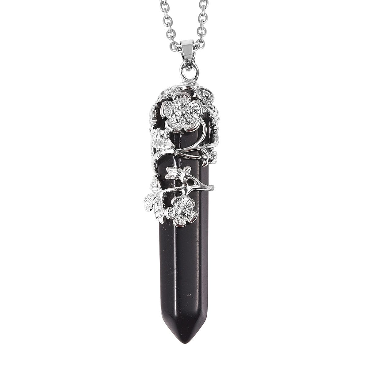 Set of 3 Black Agate, Black and White Chroma Stretch Bracelets and Pointer Pendant Necklace 24 Inches in Black Oxidized Silvertone & Stainless Steel 168.00 ctw