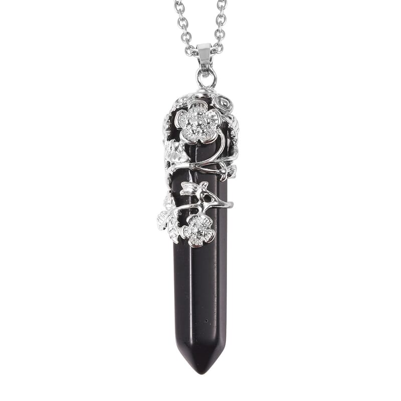 Set of 3 Black Agate, Black and White Chroma Stretch Bracelets and Pointer Pendant Necklace 24 Inches in Black Oxidized Silvertone & Stainless Steel 168.00 ctw